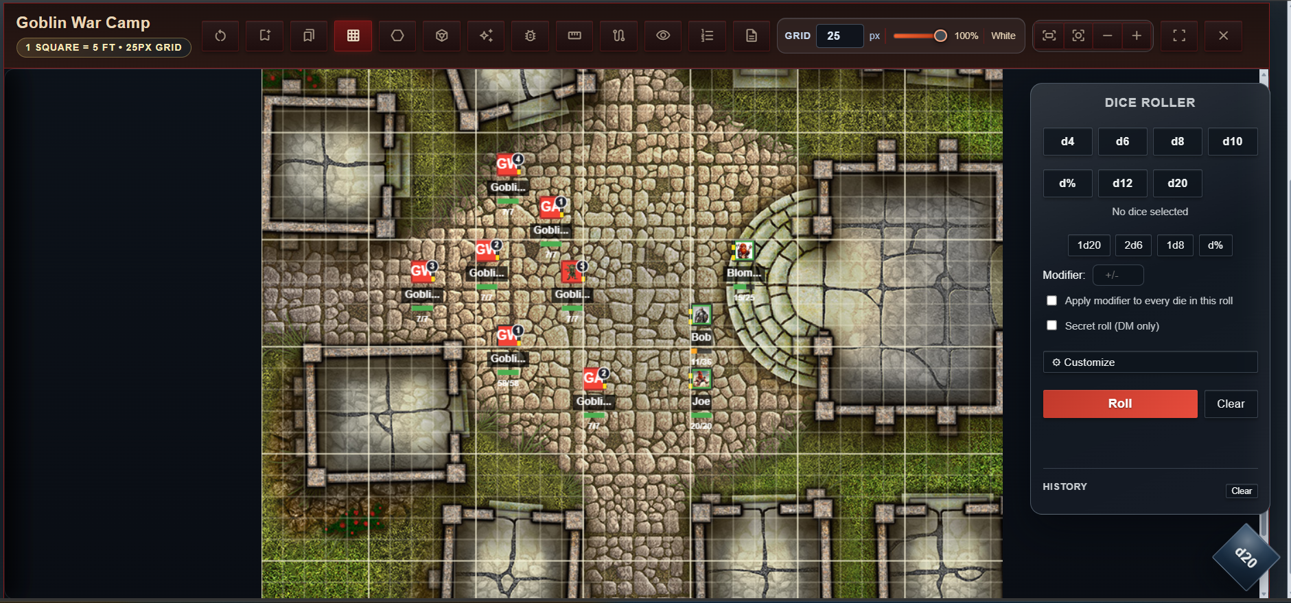 Sinister DM Tools initiative tracker showing combat turn order, HP, and effects